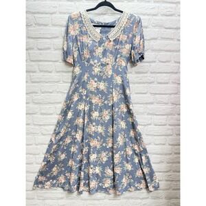 Vtg Crochet Prairie Core Farmhouse Dress Cottage Core Maxi Women's S 3/4 80s 90s